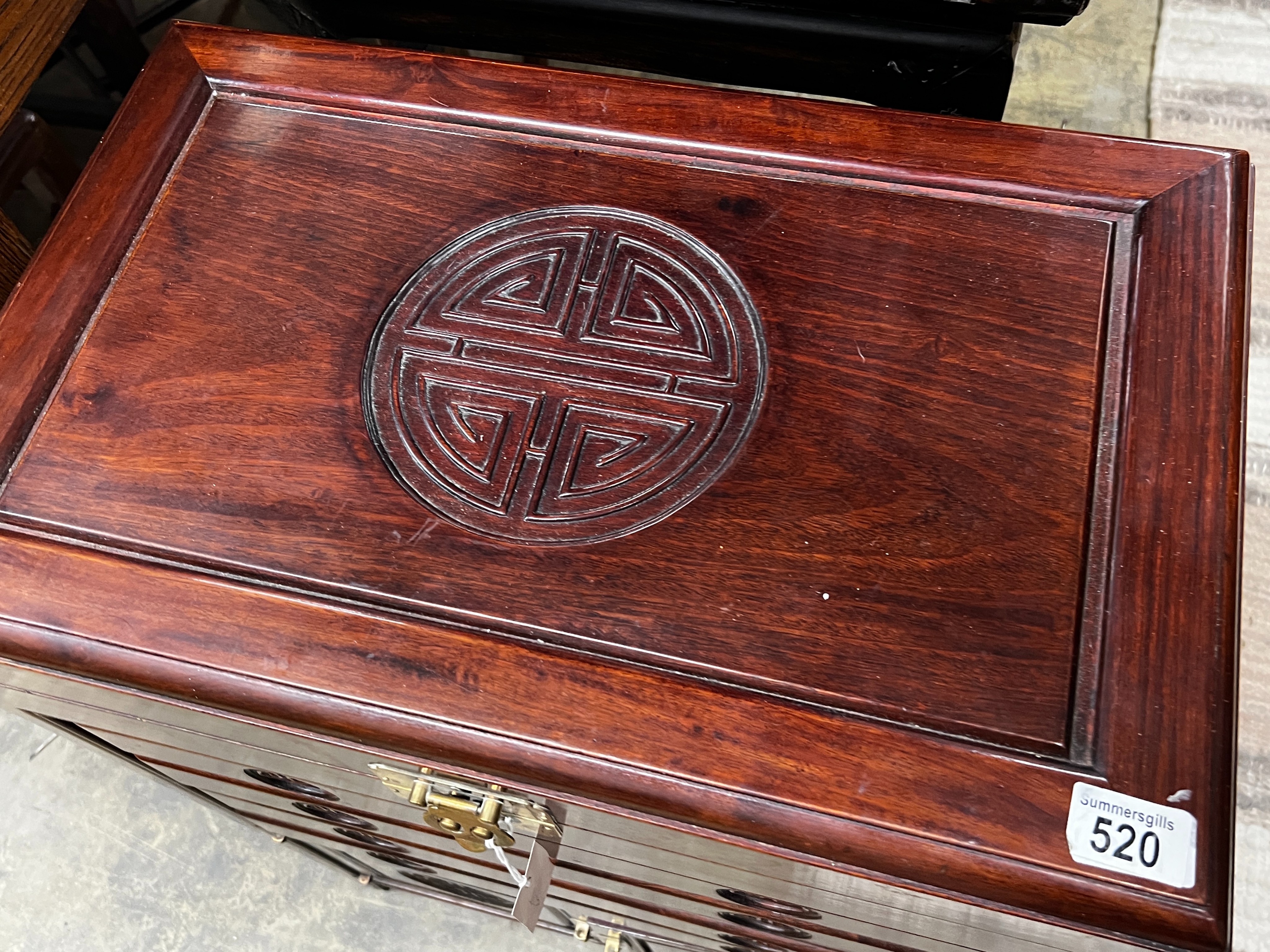 A Chinese carved hardwood canteen cabinet, width 56cm, depth 35cm, height 49cm